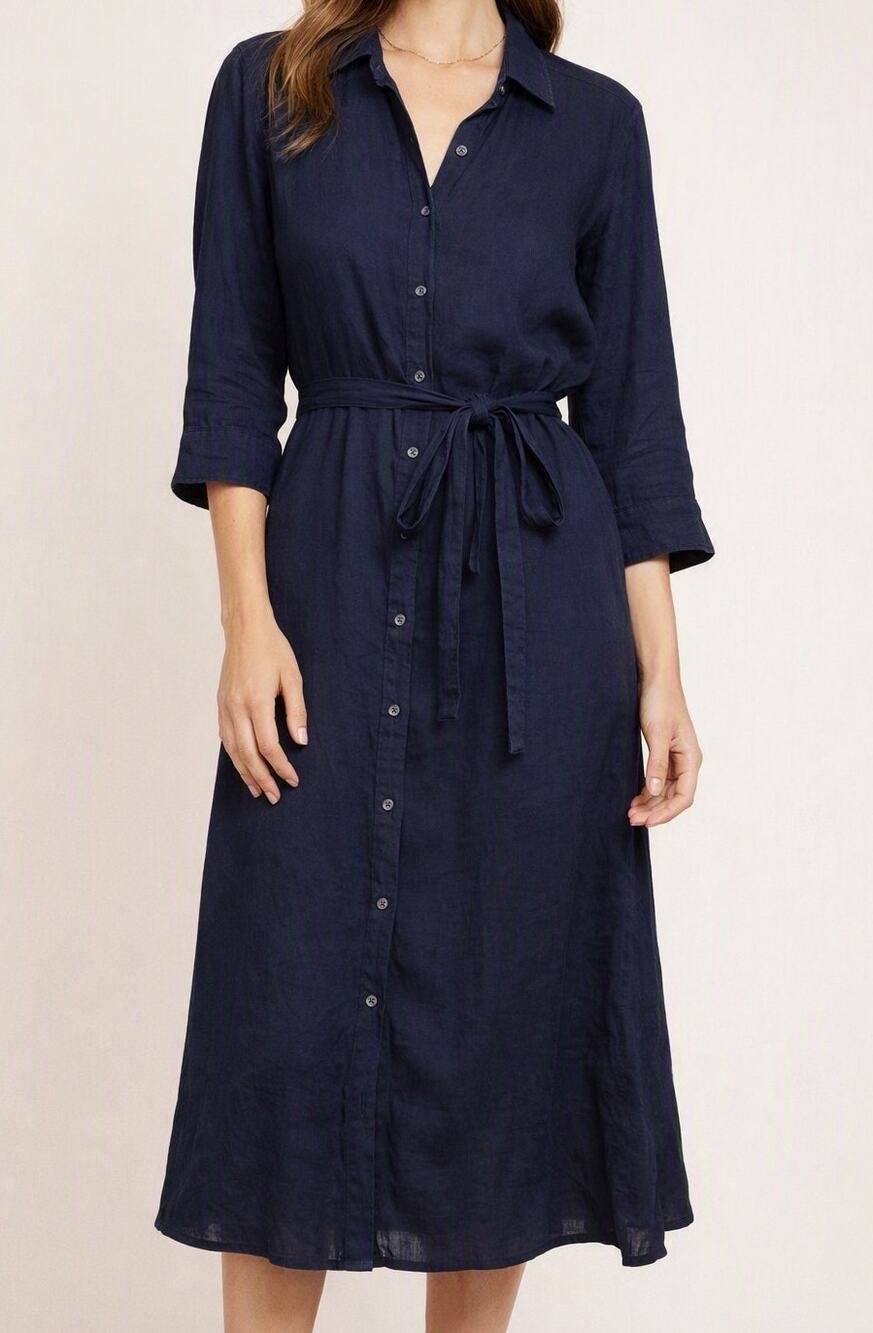 J. McLaughlin Linen Belted Midi Shirt Dress Navy Blue Large - Picture 1 of 5